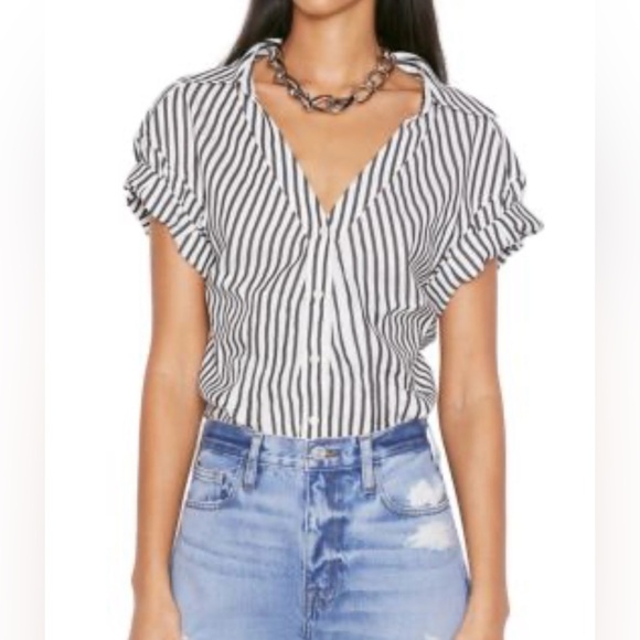 FRAME  Women's White Linen Blend Striped Collared V-Neck Button-Up Top Medium - Picture 1 of 12